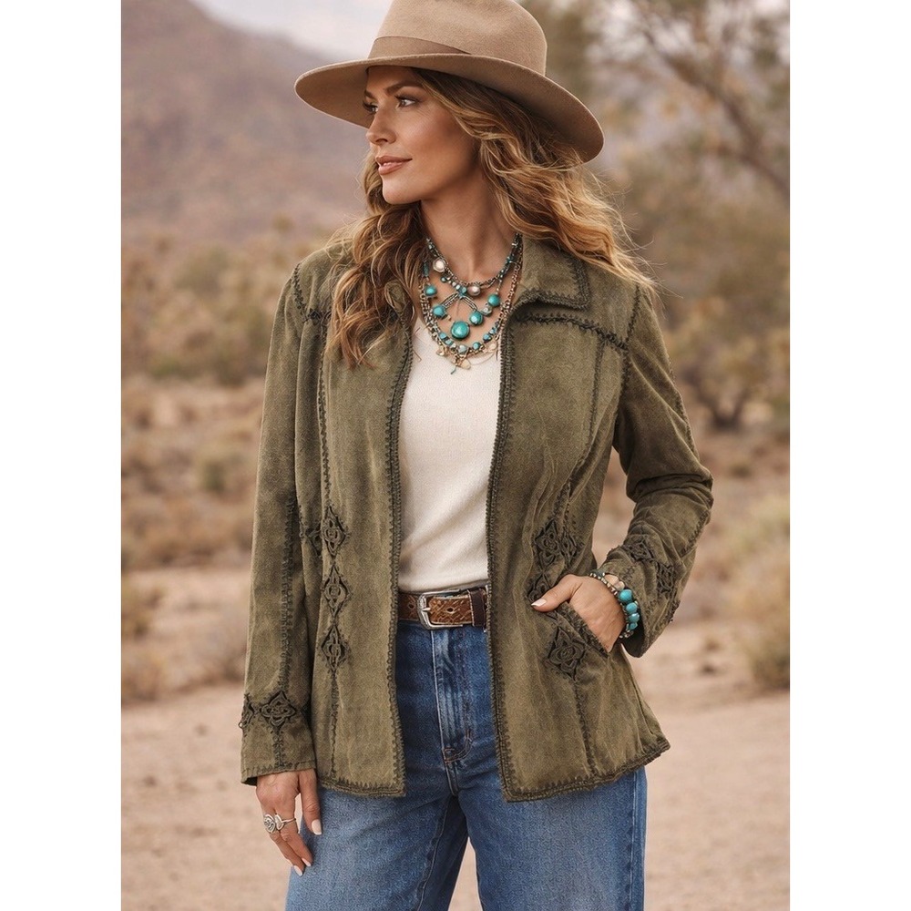 Boho Suede Leather Jacket Womens‎ M Green Western Artisan Crochet Trim Utilty